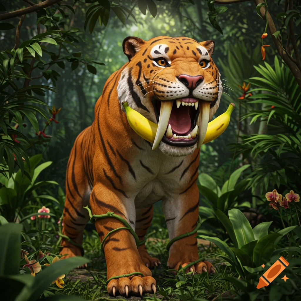 A stylized saber-tooth tiger with bananas replacing its long fangs stands in a dense jungle environment.