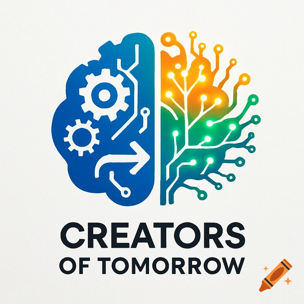 A logo featuring a brain split in half, one side blue with gears and an arrow, the other half a colorful circuit board with lights. Text reads 'CREATORS OF TOMORROW'.