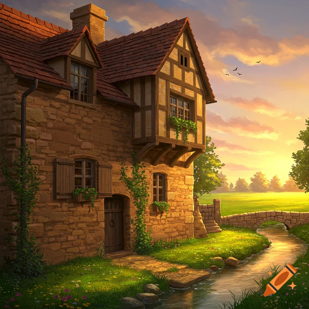 A charming old stone and timber house with a red roof, situated by a sunlit stream with a small bridge, in a vibrant green landscape at sunset.