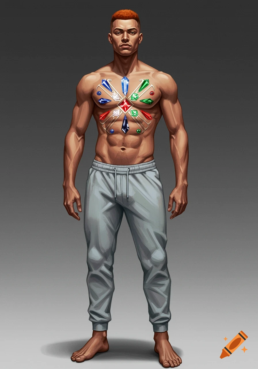 A muscular, shirtless man with red hair and light grey joggers stands barefoot, showing an elaborate gem emblem on his chest. Illustration.