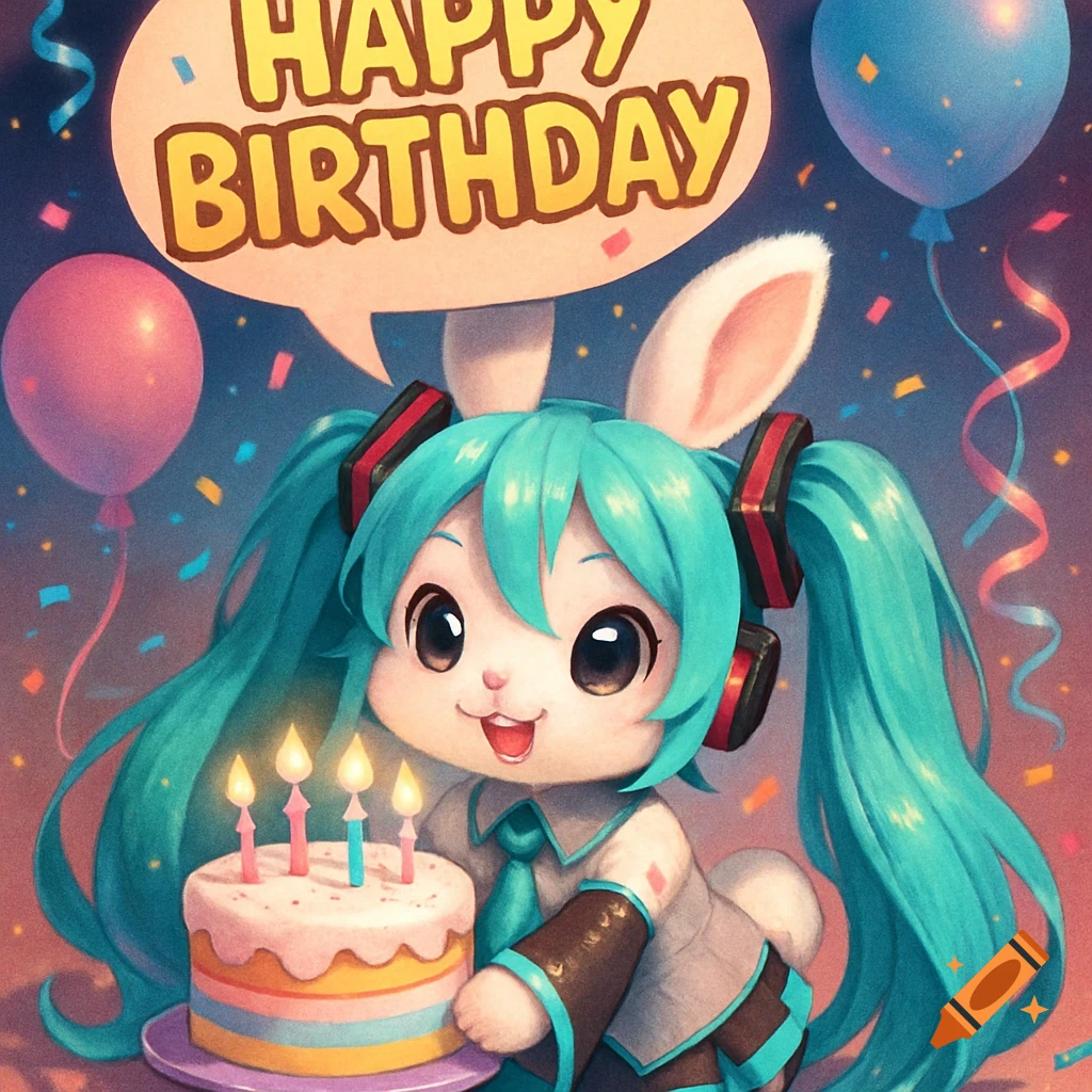 A cute bunny-like character resembling Hatsune Miku celebrates a birthday with a cake and balloons, saying "Happy Birthday".