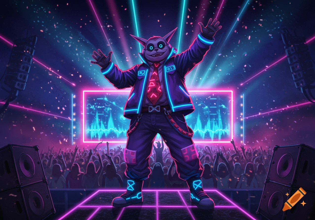 A vibrant, neon-lit concert scene with a cat-like character performing on stage in a glowing jacket to a cheering crowd.