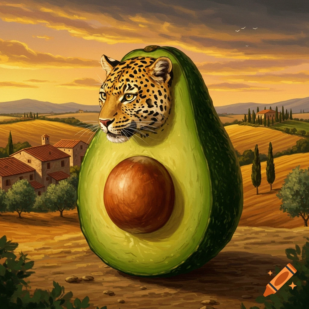 A surreal painting of a leopard's head emerging from an avocado, set in a golden Italian countryside landscape at sunset.