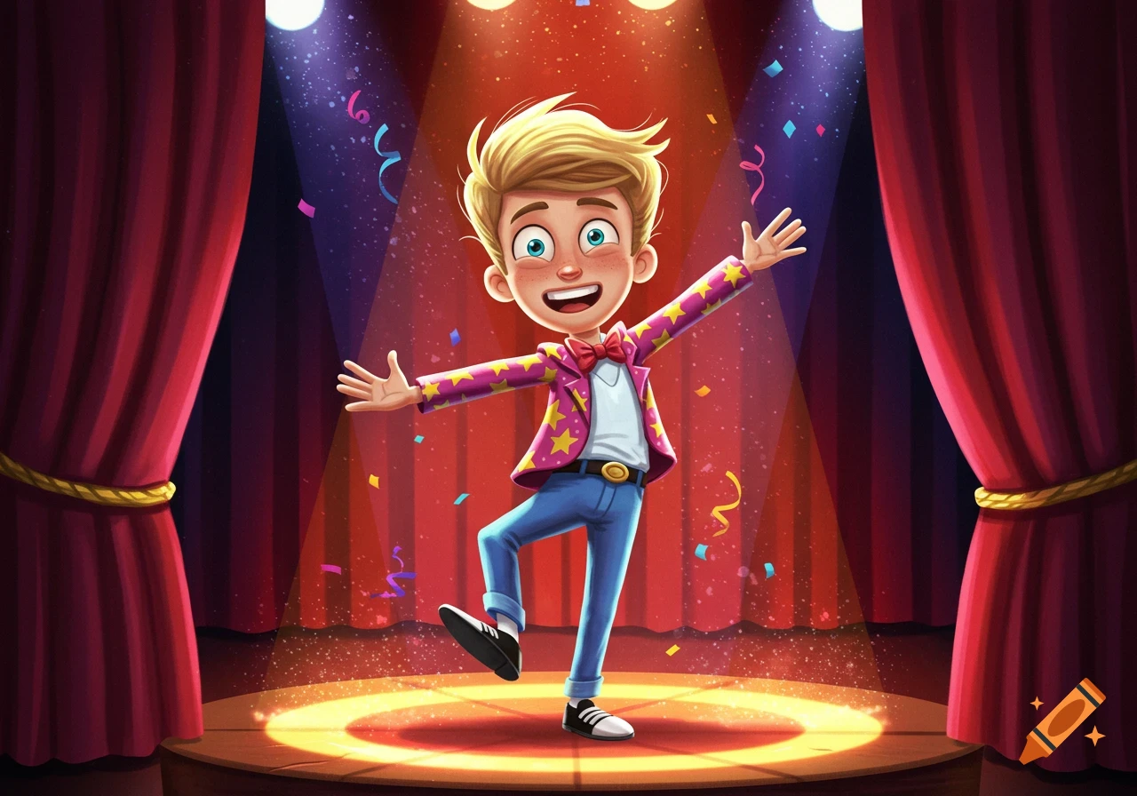 A cartoon boy with blonde hair, wearing a pink star jacket, blue pants, and a red bow tie, poses on a brightly lit stage with red curtains and falling confetti.