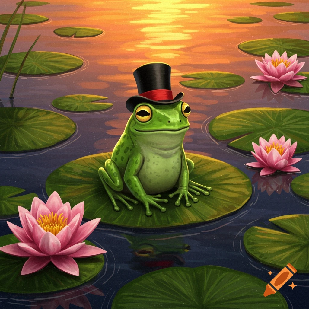 A cartoonish green frog wearing a black top hat with a red band sits on a lily pad surrounded by pink lotus flowers at sunset.