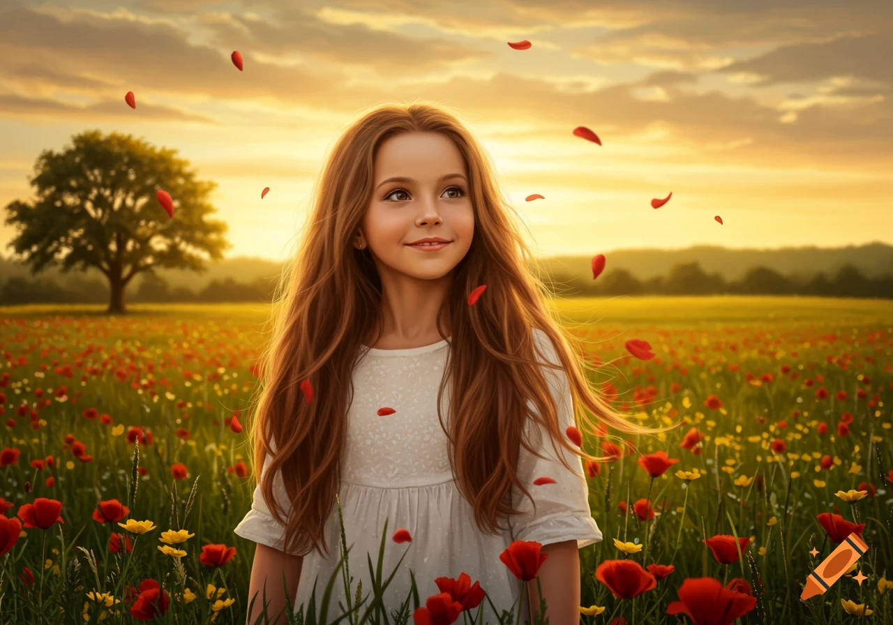 A young girl with long brown hair stands in a field of red and yellow flowers at sunset, with petals falling around her.