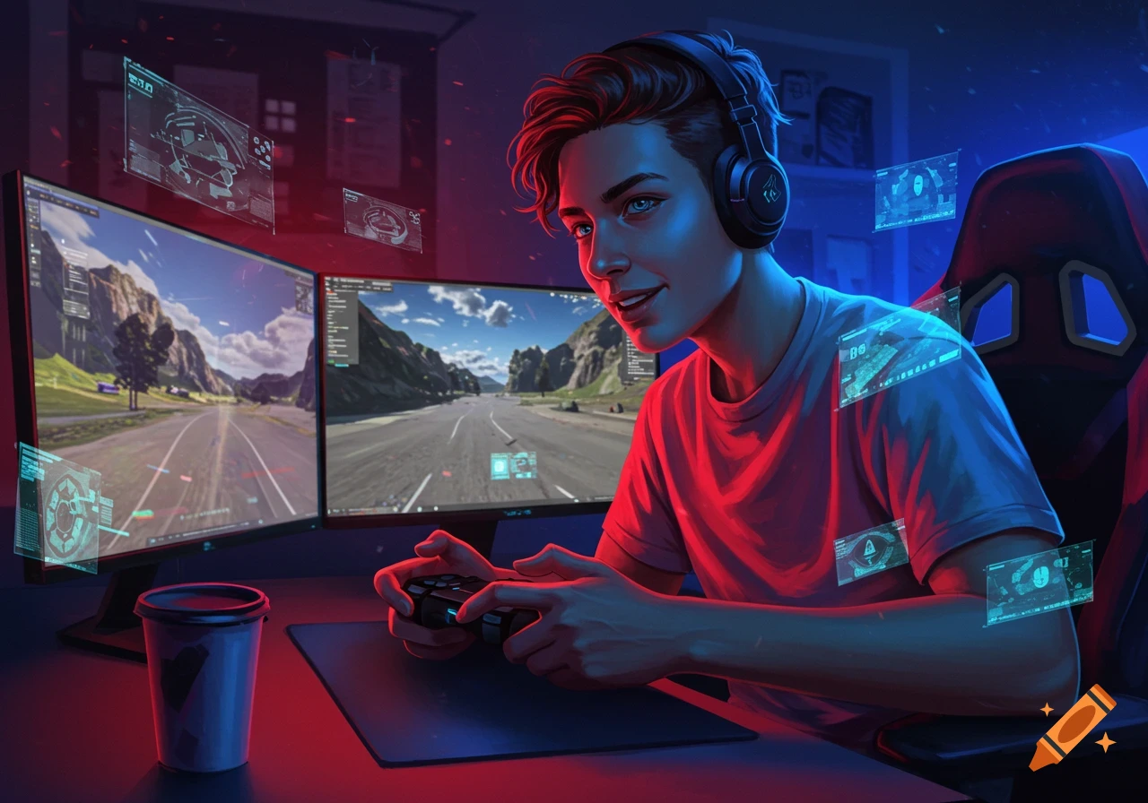 A young person with headphones playing a racing video game on a dual monitor setup, bathed in red and blue neon light, in a digital art style.