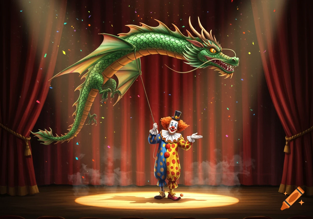 A colorful clown on a stage under a spotlight holds a string attached to a large green dragon kite, with confetti falling.