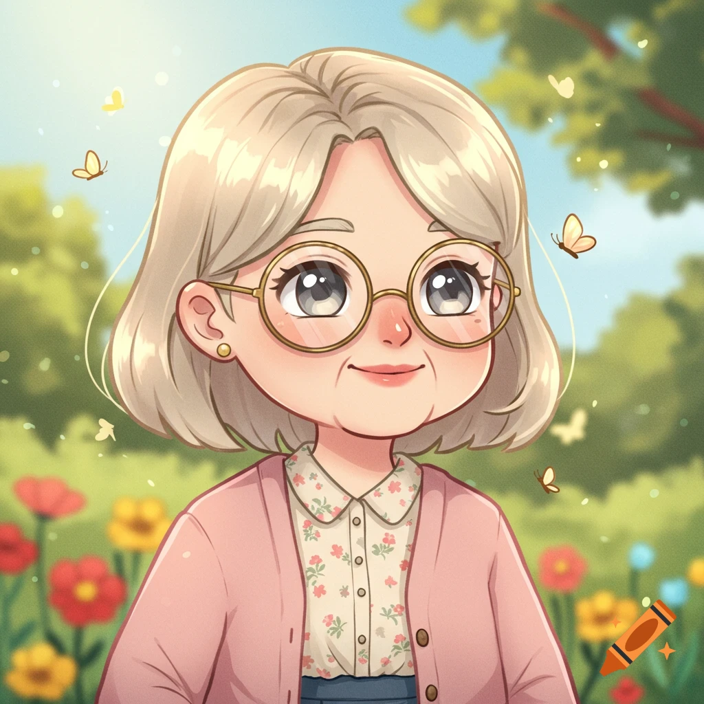 A cute cartoon older lady with blonde hair and round glasses smiles in a bright garden with flowers and butterflies.