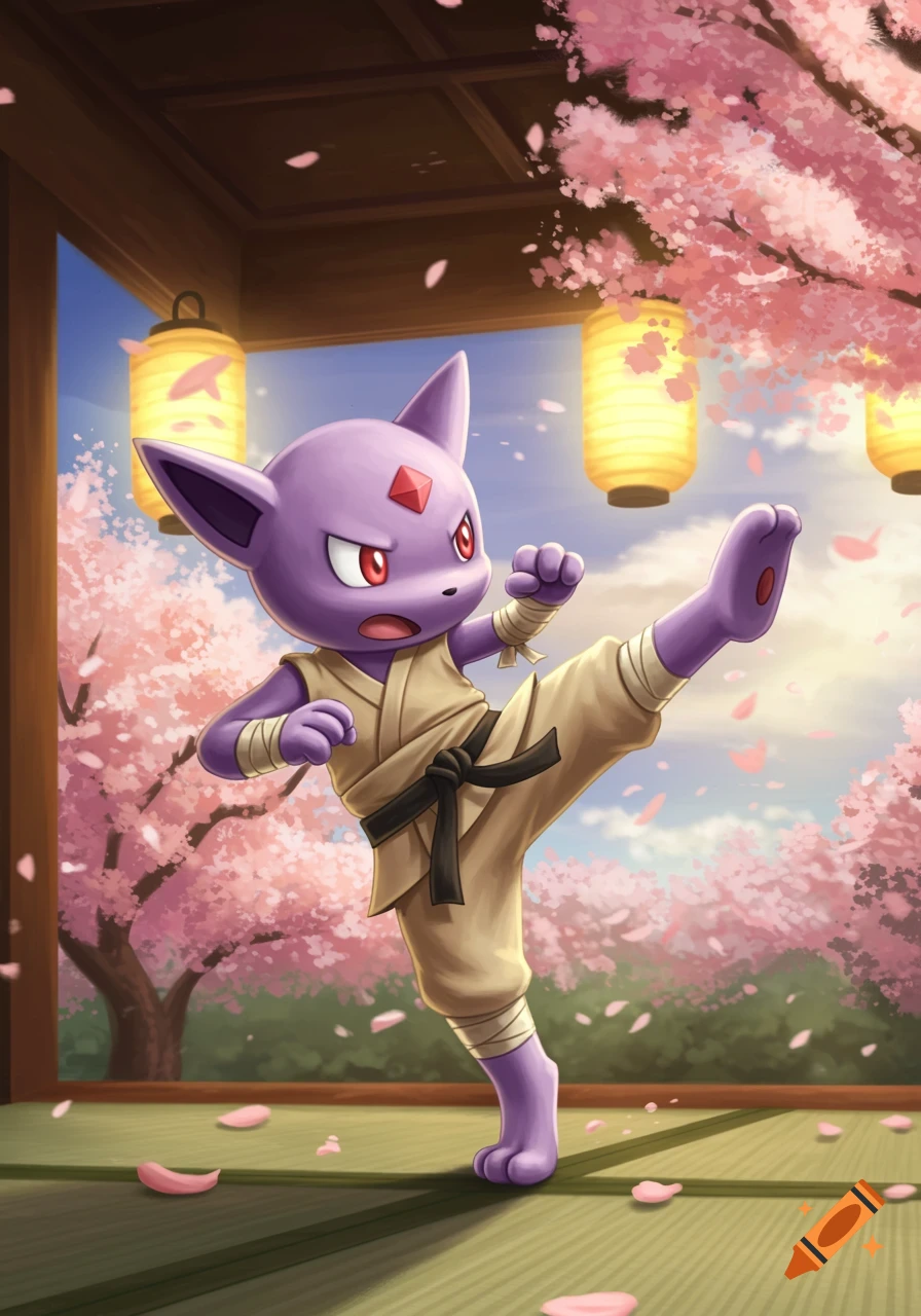 Illustrated purple cat-like Espeon Pokemon in a gi performing a high kick under cherry blossoms.