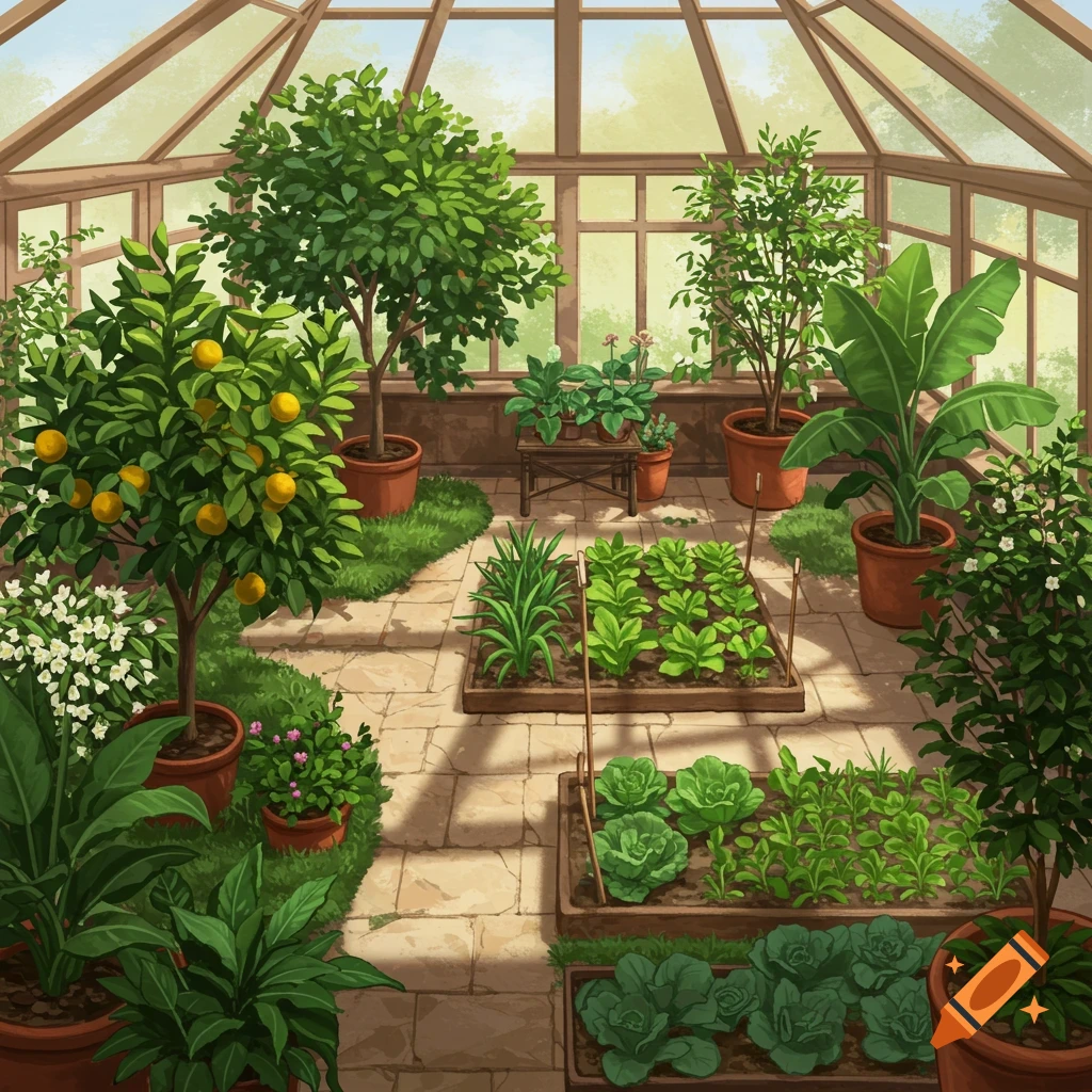 An illustration of a bright greenhouse filled with various potted plants, citrus trees, and vegetable garden beds on a stone path.