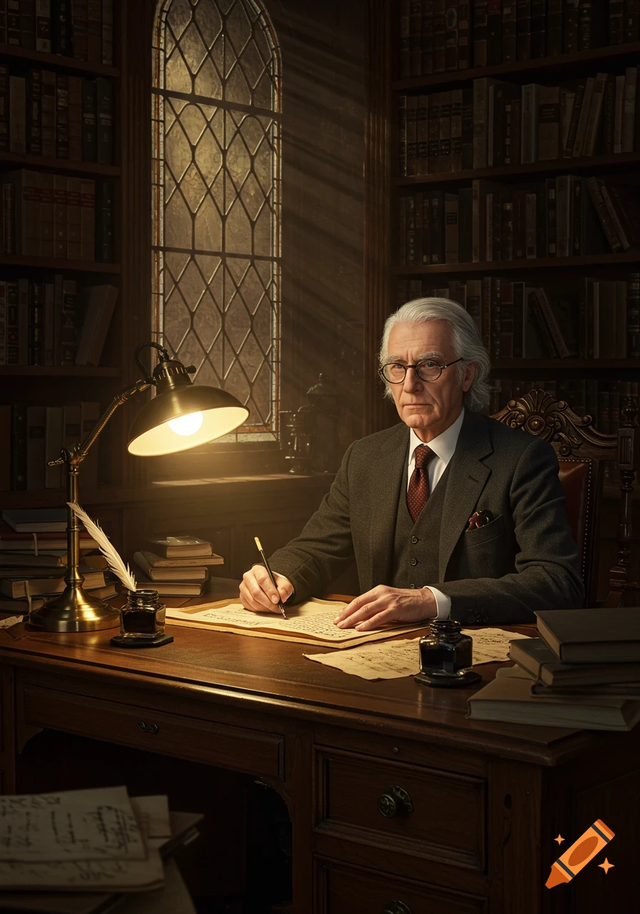 A distinguished older man with white hair and glasses writes at a large wooden desk in a dimly lit library, illuminated by a desk lamp.