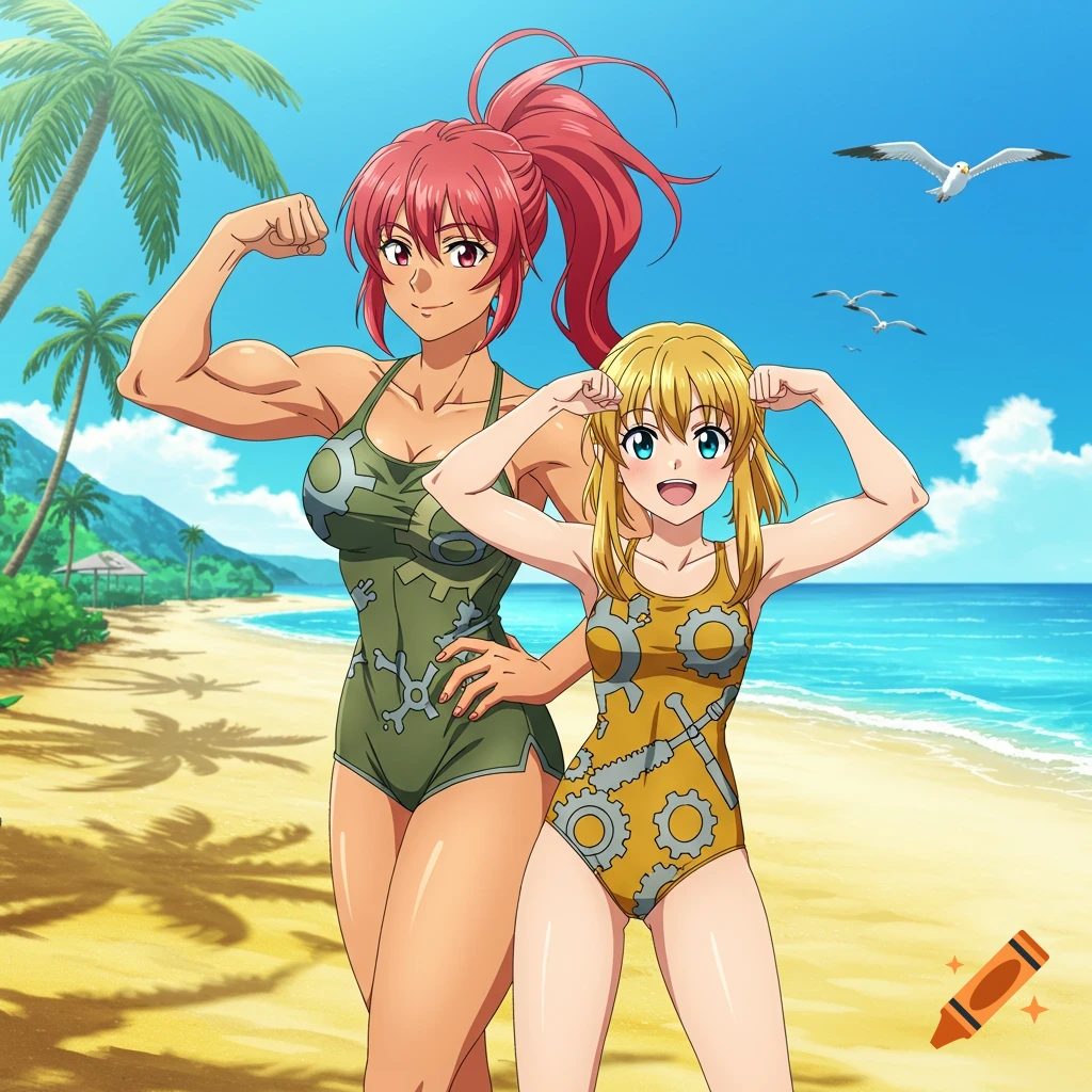 Two anime women in swimsuits flex their muscles on a sunny beach.