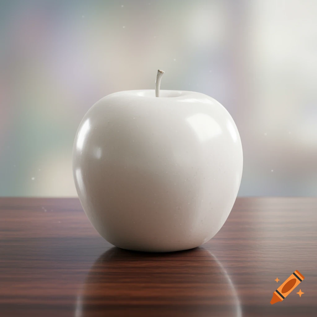 A white apple sits on a reflective dark wooden table, with a soft, blurred light-colored background.