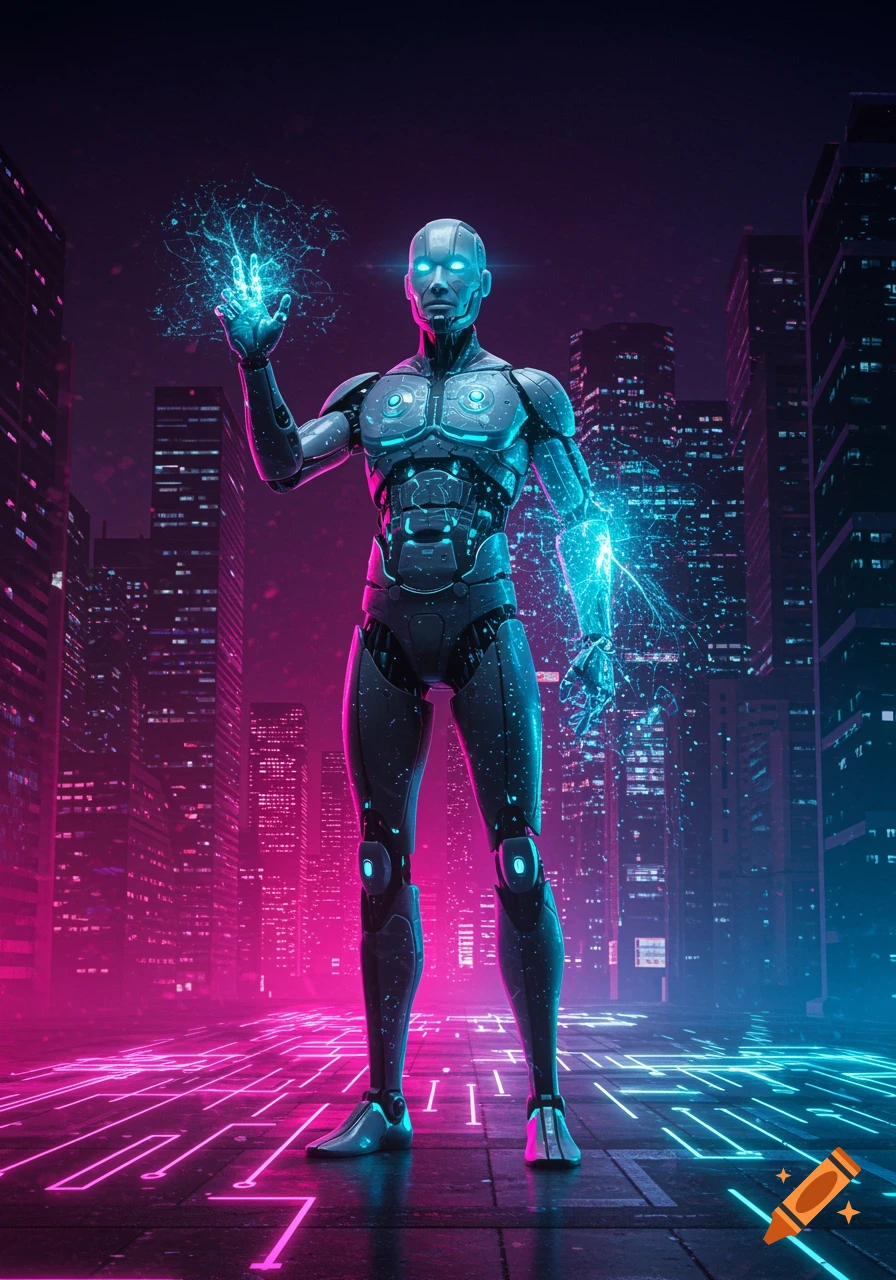 A robotic superhero stands in a futuristic, neon-lit city, glowing blue energy emanating from its raised hand.