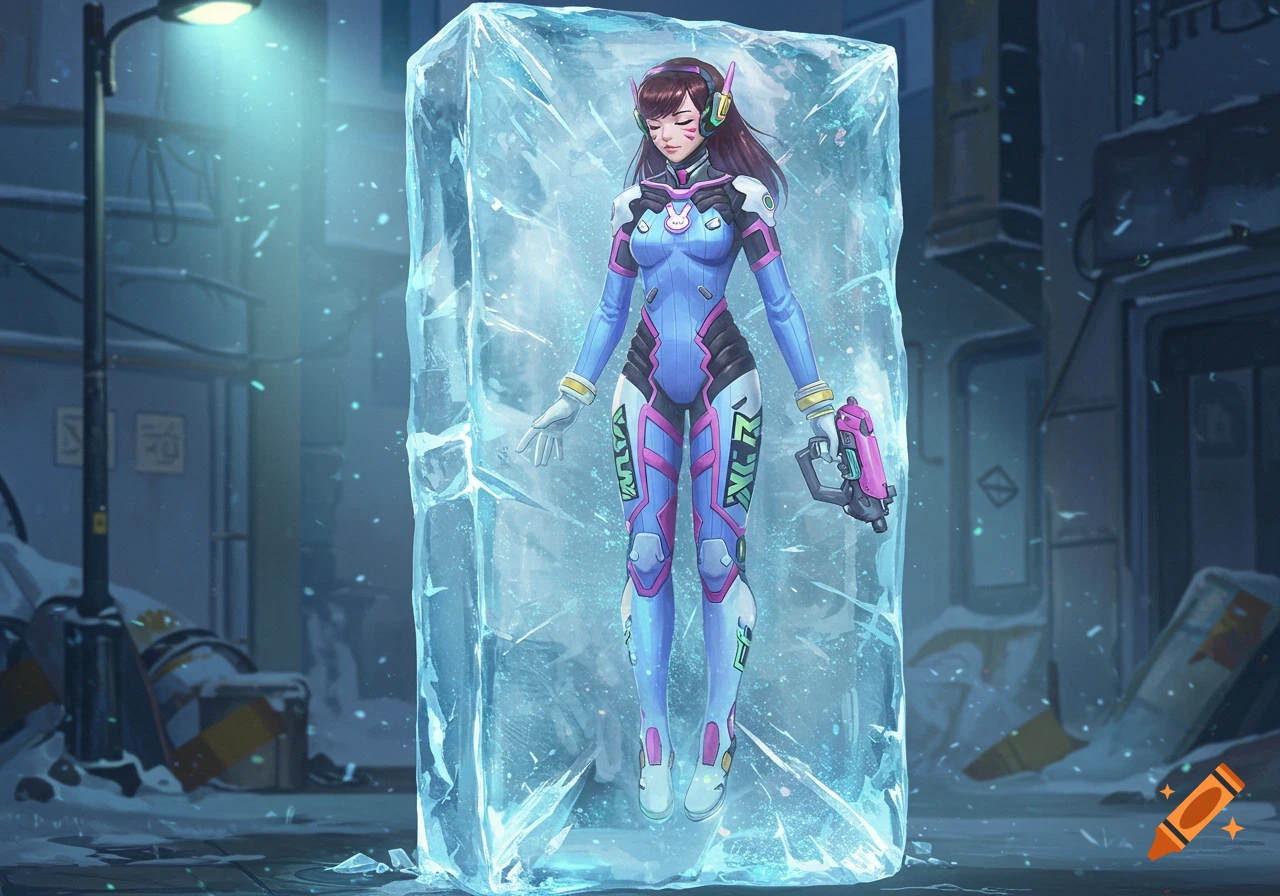 D.va from Overwatch, in her blue and pink suit, frozen upright within a large block of ice in a snowy urban setting.