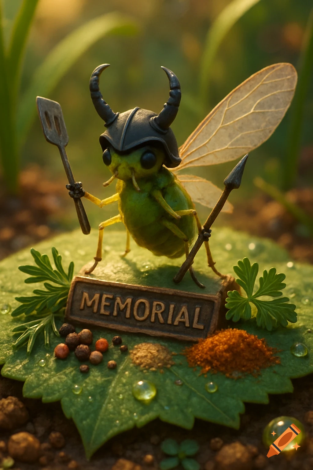 A green cartoonish insect in a horned helmet holds a spatula and spear on a leaf with a "MEMORIAL" sign and spices.
