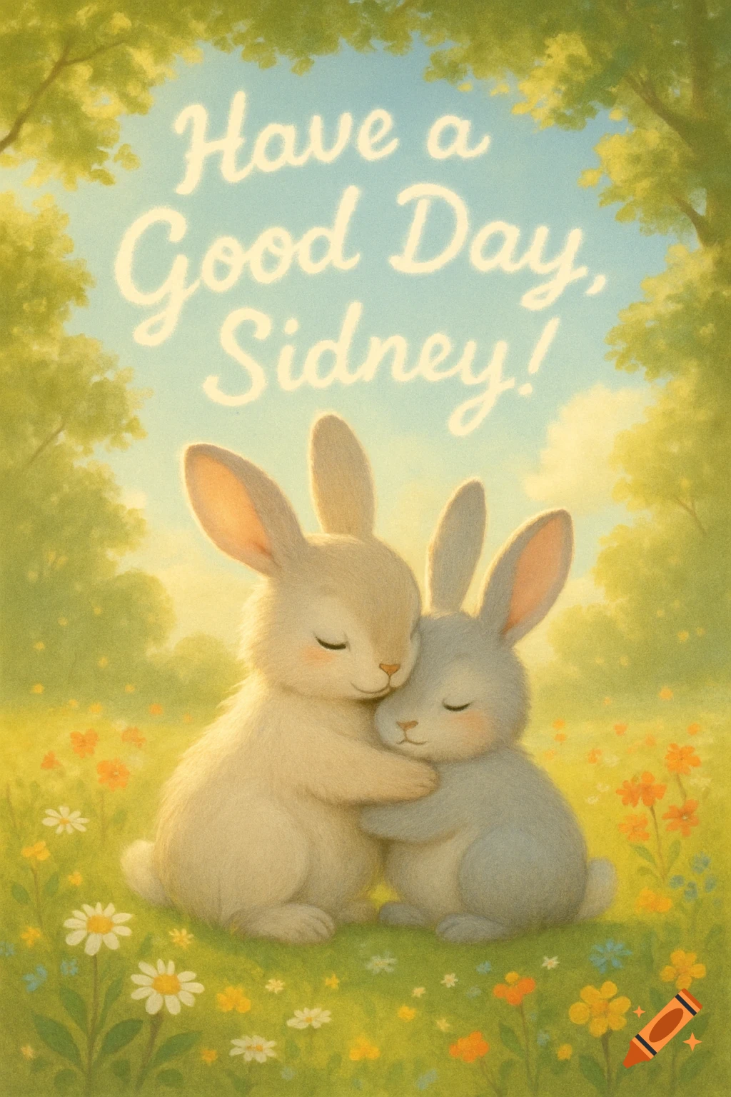 Two cute bunnies hug in a flower-filled field under a sunny sky with the text 'Have a Good Day, Sidney!' above them.
