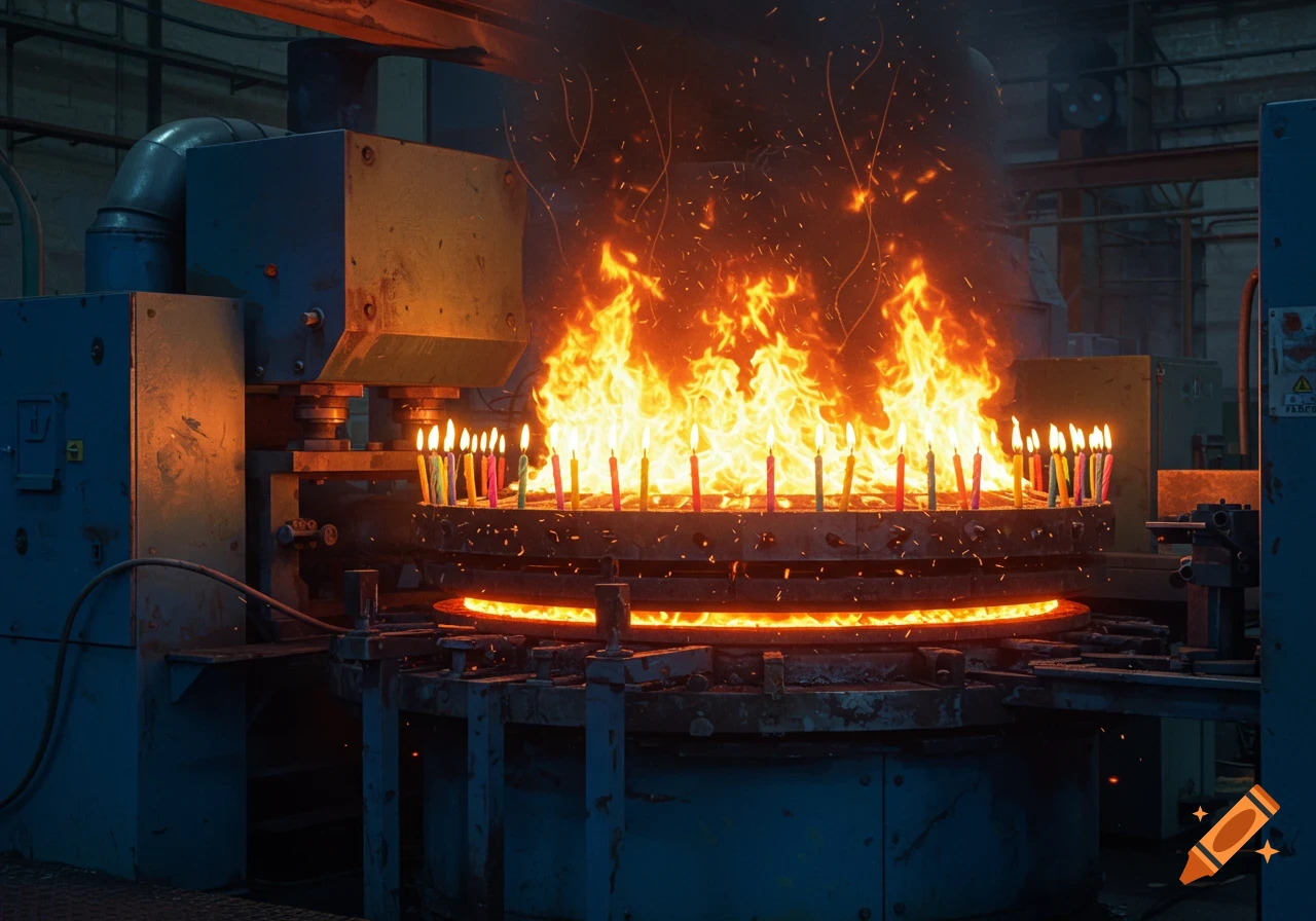 A large industrial machine, resembling a blowmold annealer, is engulfed in flames with many lit birthday candles placed around its top surface inside a factory.
