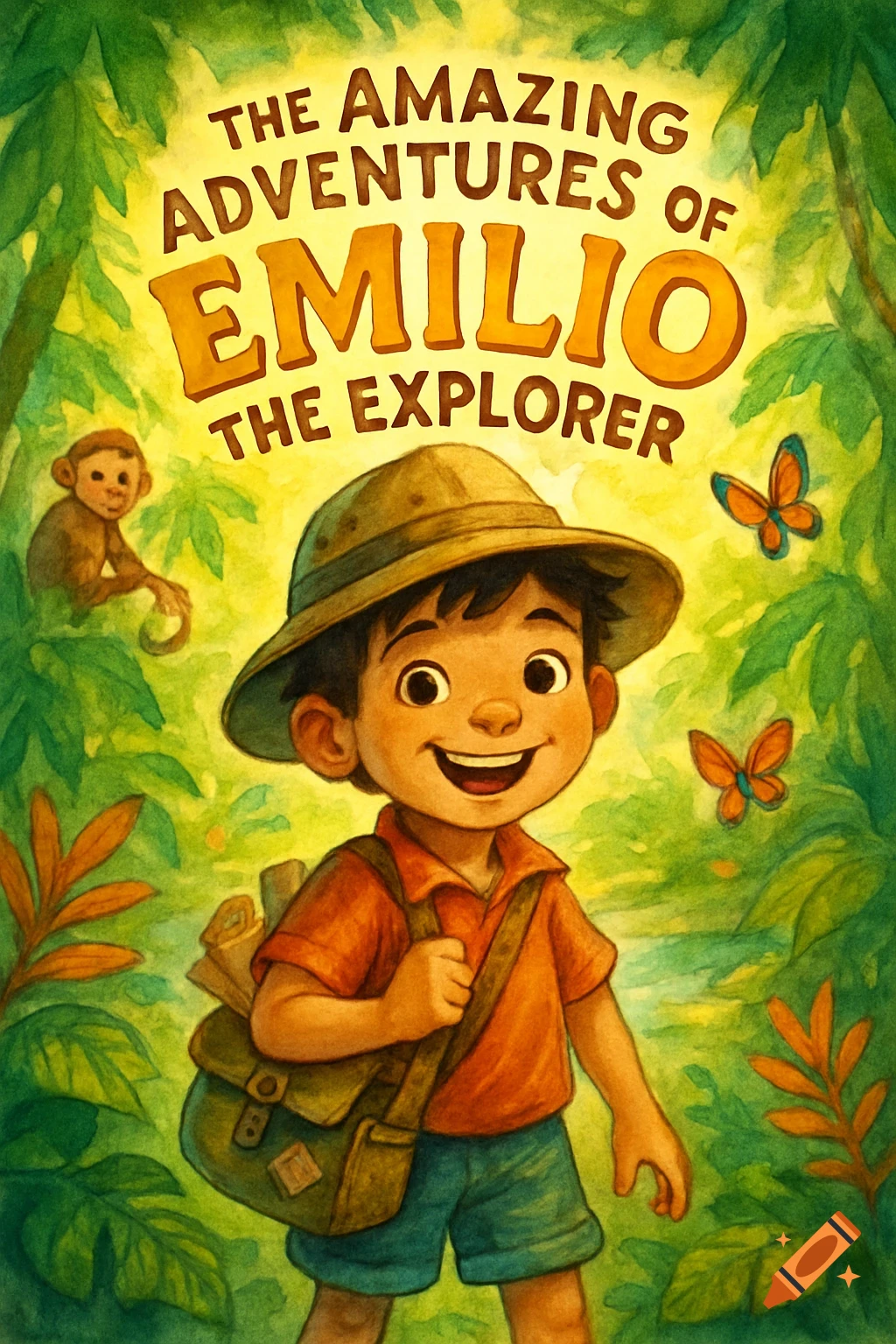 A colorful watercolor illustration of a happy boy explorer in a safari hat and backpack, smiling in a vibrant jungle with a monkey and butterflies.