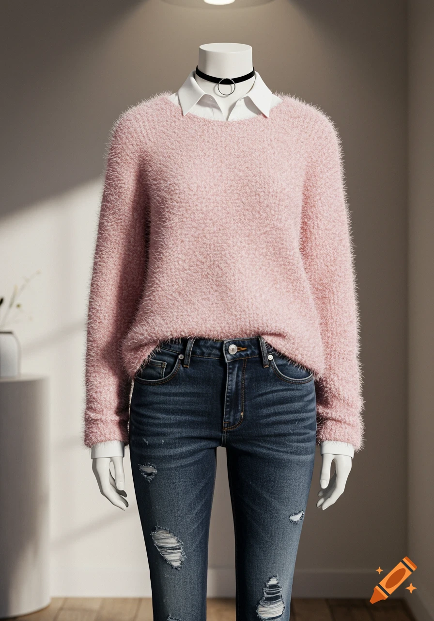 A mannequin wears a pink fuzzy sweater over a white collared shirt, ripped blue jeans, and a black choker with a silver ring.