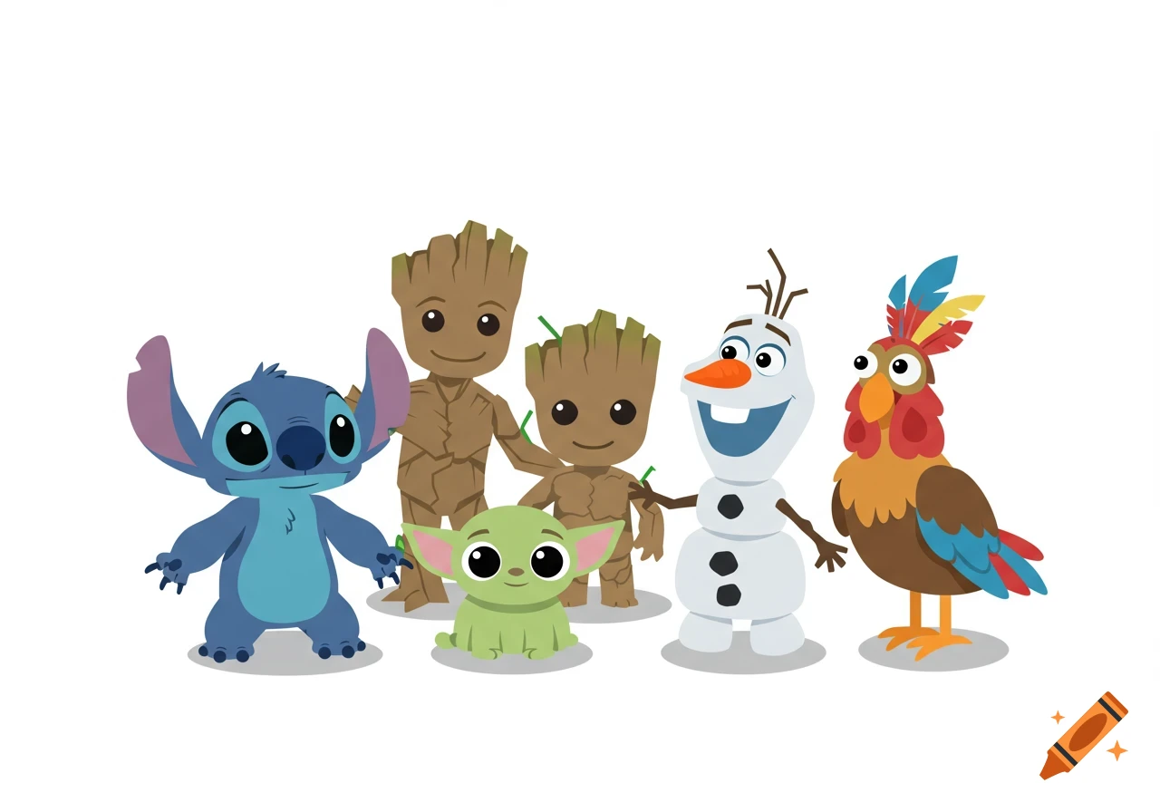 Stitch, two Groots, Grogu, Olaf, and Hei Hei standing together on a white background in a cartoon style.