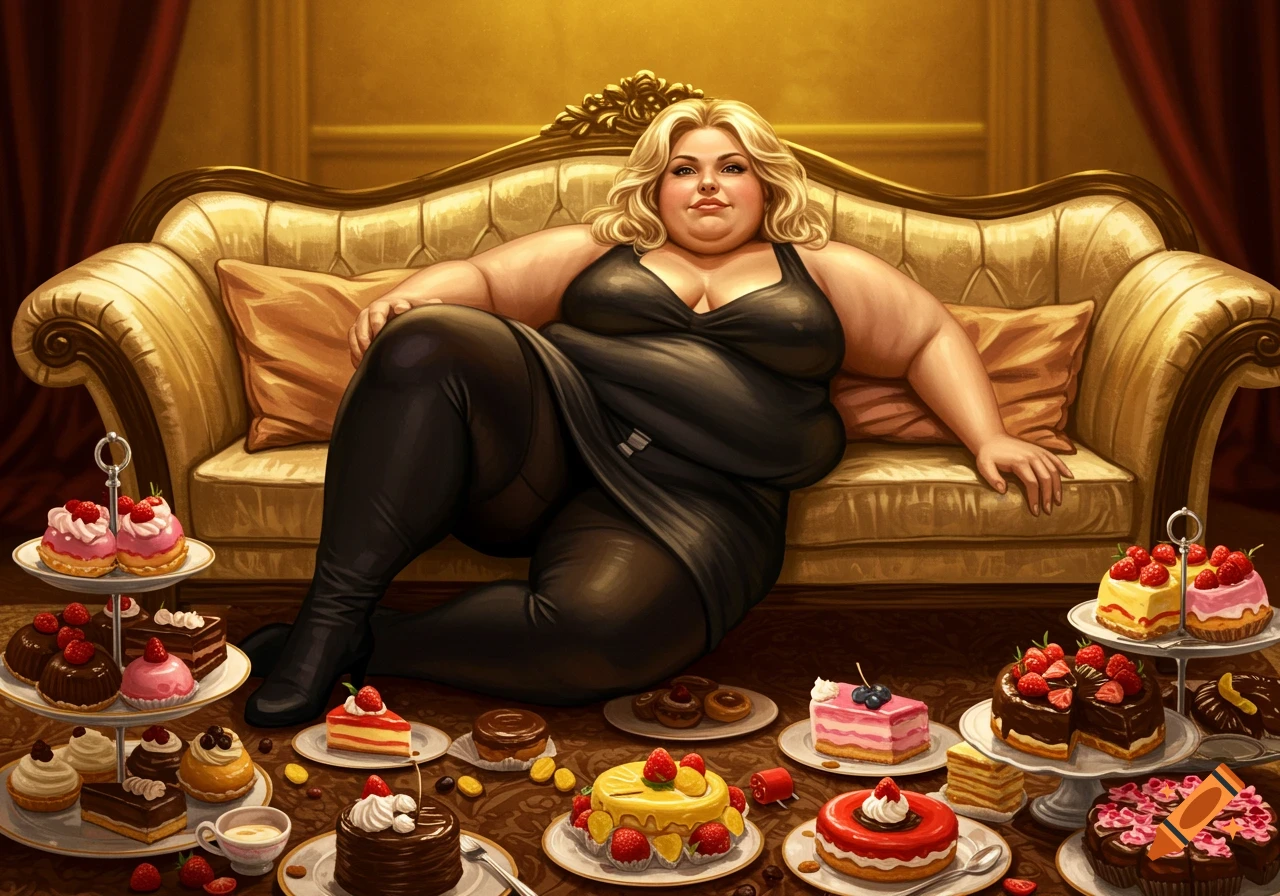 A plus-size woman in a black dress reclines on a golden couch surrounded by a lavish spread of various desserts.