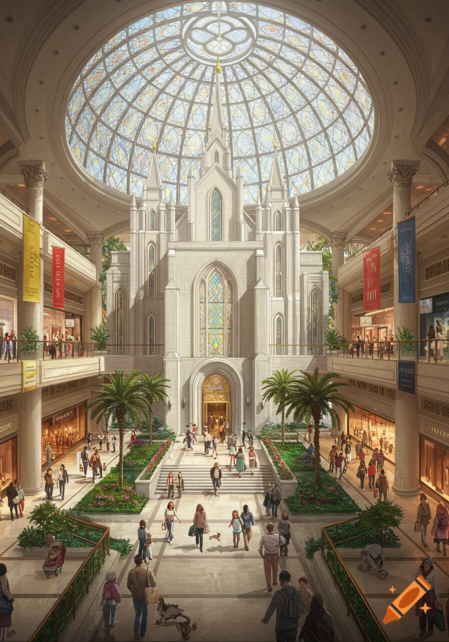 Grand interior of a building blending a white stone temple and a multi-level shopping mall, with a large stained-glass dome and people.