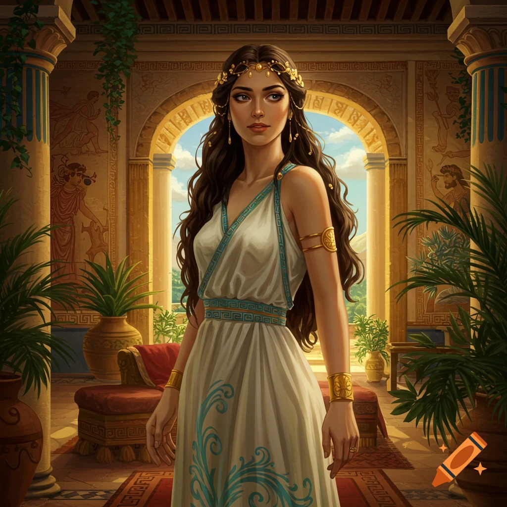 A beautiful woman with long dark hair, wearing a white Greek-style dress and gold jewelry, stands in a classical ancient palace.