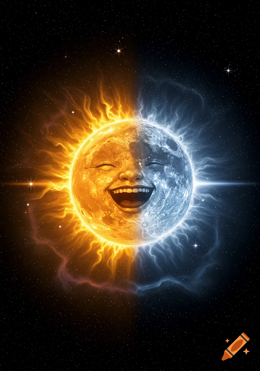 A celestial body split into a golden sun with flames and a blue moon, forming a single laughing face against a starry space.