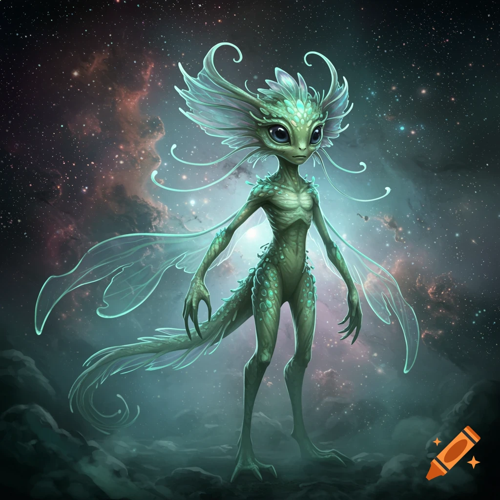 An imaginary green alien creature with large eyes, delicate fins, and glowing spots, standing against a starry galaxy backdrop.