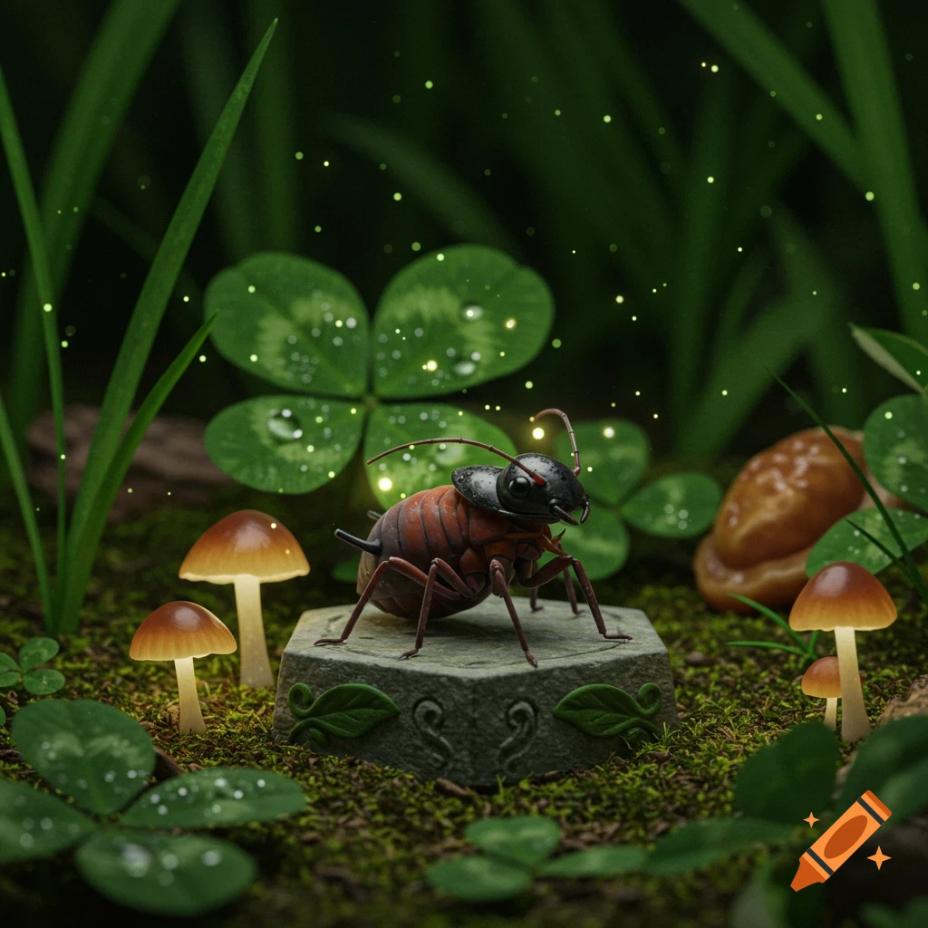 A close-up of an ant wearing a black helmet standing on a stone pedestal amidst moss, clover, glowing mushrooms, and sparkling lights.
