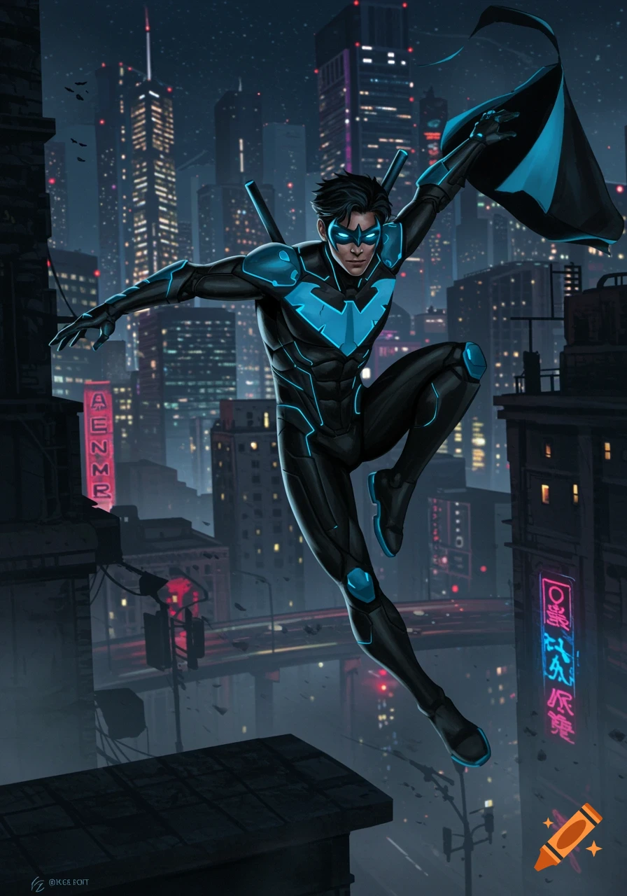 Illustration of Nightwing in a black and blue suit leaping over a futuristic city at night.