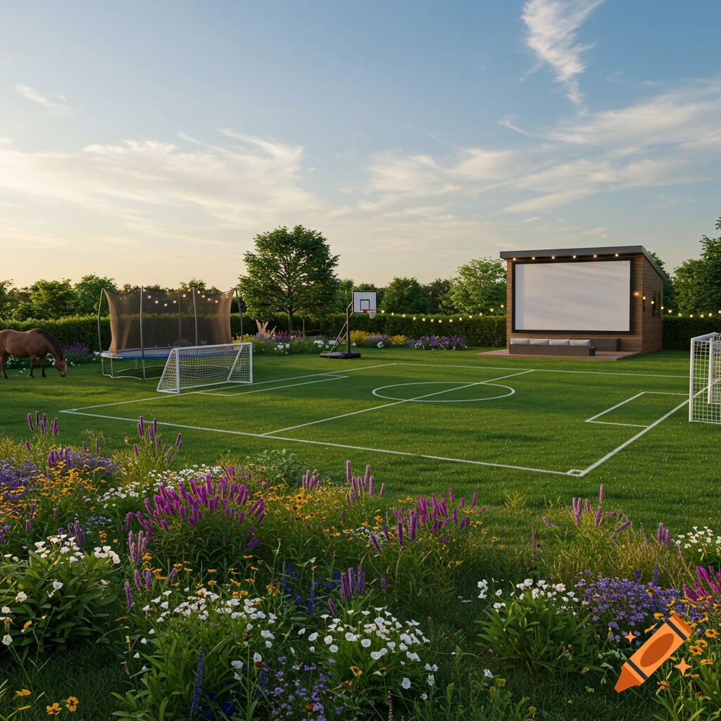 A photorealistic image of a large backyard featuring a soccer field, a basketball court, a trampoline, an outdoor movie screen, and a horse grazing under a blue sky.
