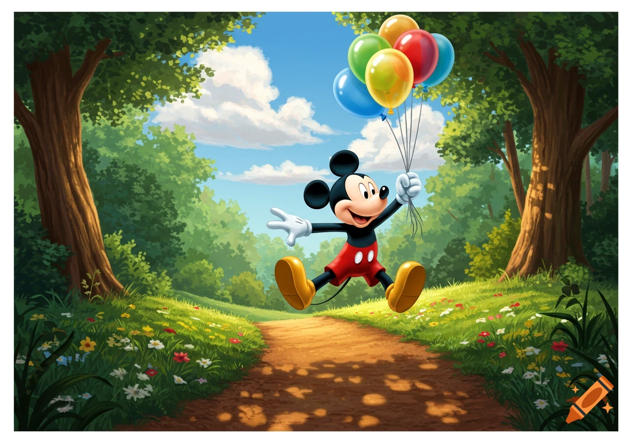 Mickey Mouse jumps down a forest path holding colorful balloons on a sunny day.