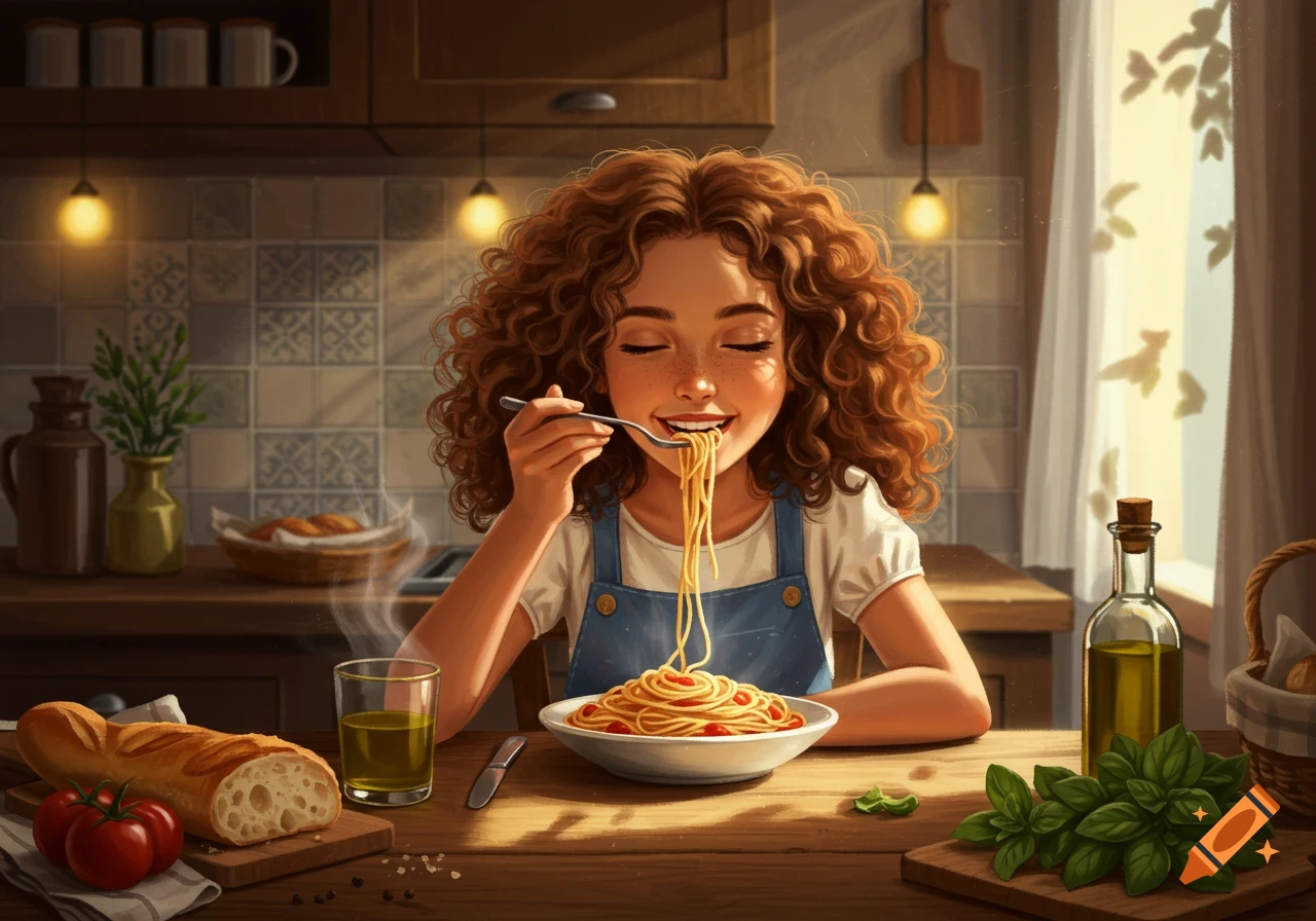 An illustrated girl with curly hair happily eats a bowl of spaghetti in a rustic kitchen.