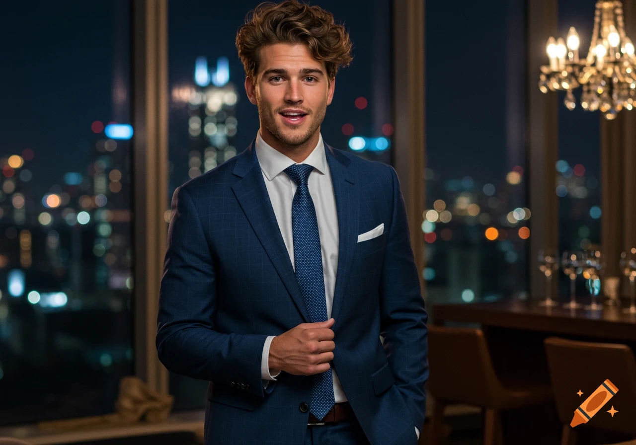 Photorealistic image of a handsome man in a blue suit smiling, standing in front of a city night view.