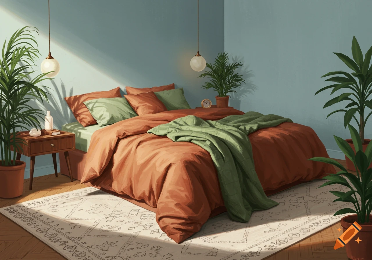 An organic modern bedroom featuring a bed with terracotta duvet, sage green covers, a white patterned rug, and pale blue walls, bathed in sunlight.