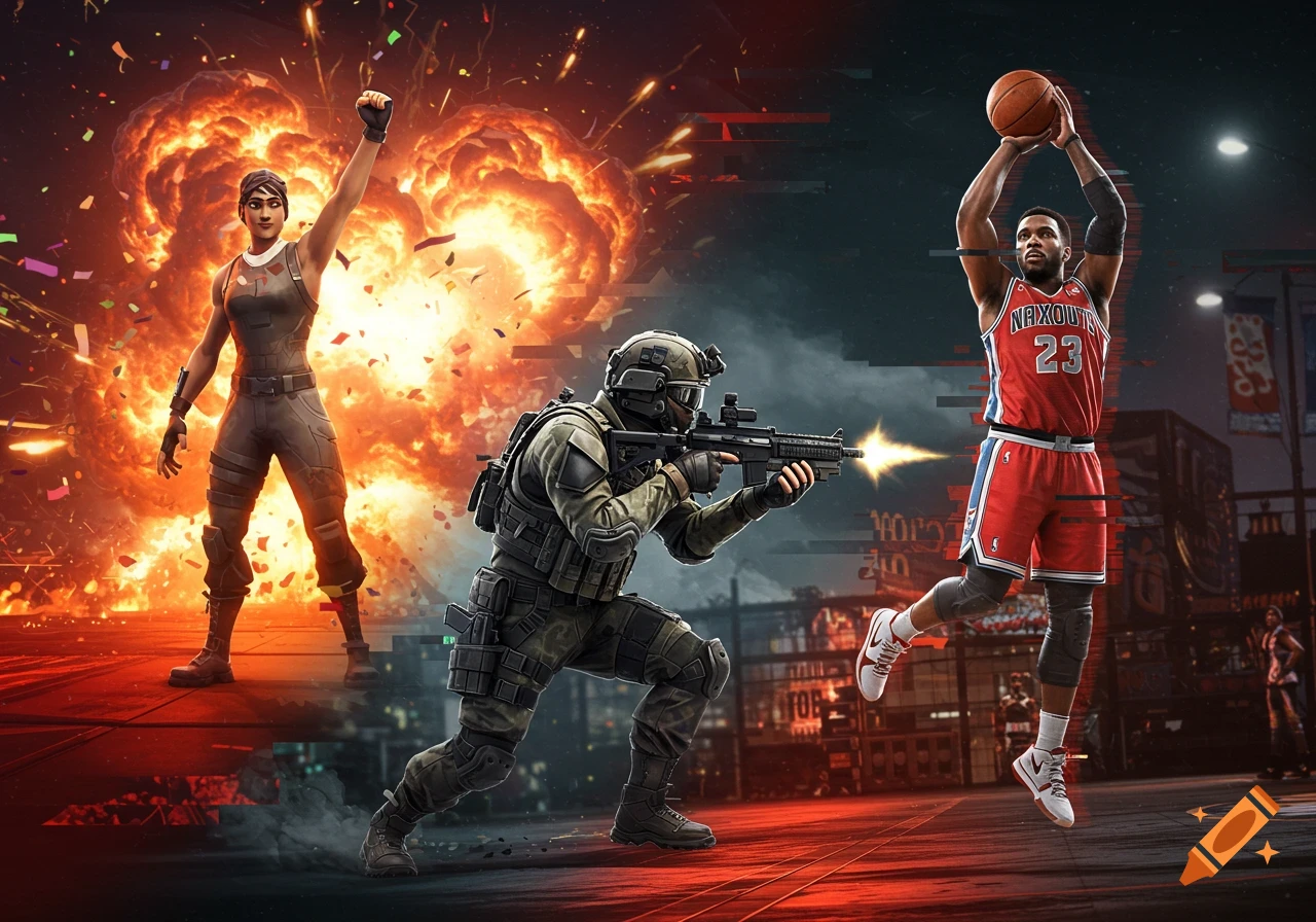Dynamic collage of a Fortnite character, soldier, and basketball player with explosions, confetti, and glitch effects.