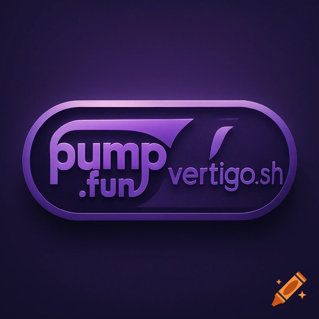 A purple 3D logo in a pill shape with the text 'pump.fun' on the left and 'vertigo.sh' on the right.