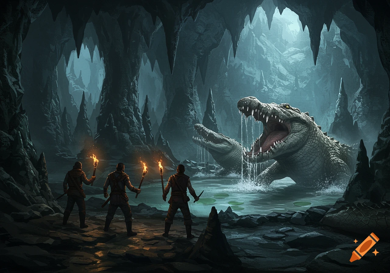 Three adventurers with torches confront two massive crocodiles in a dark, foreboding cave, depicted in a digital art style.