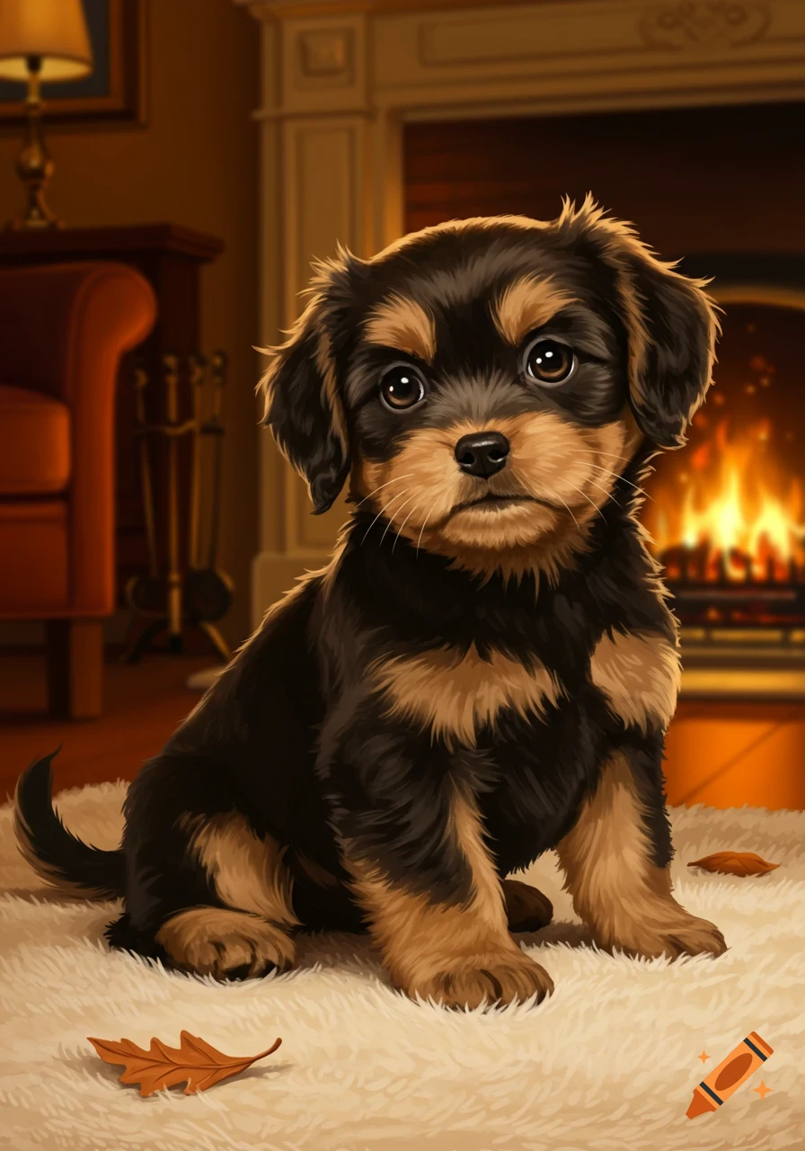 A cute black and tan puppy sits on a fluffy white rug in front of a warm, crackling fireplace in a cozy digital painting.