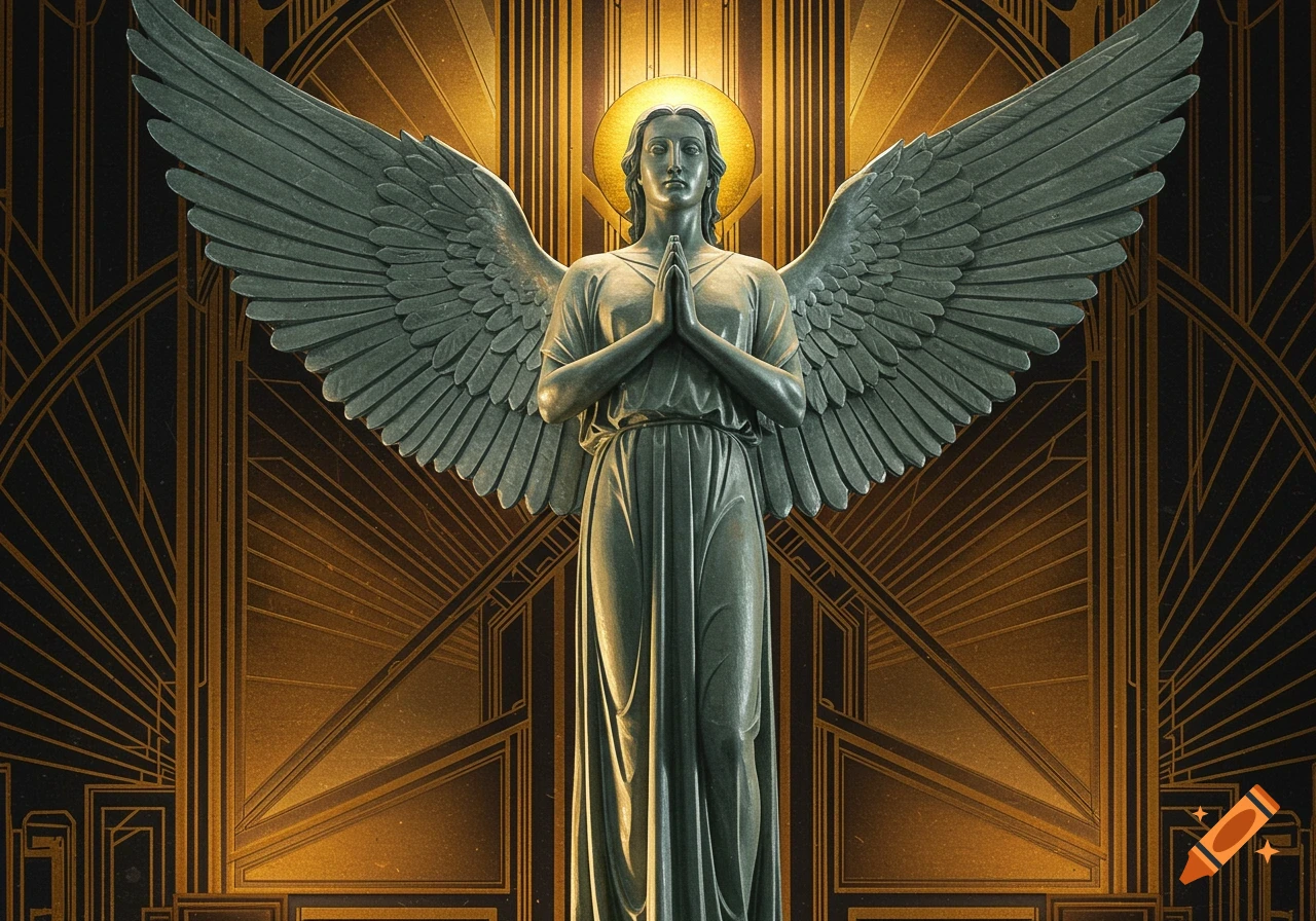 An Art Deco style statue of an archangel with clasped hands and wings down, set against a geometric gold and black background with a golden halo.