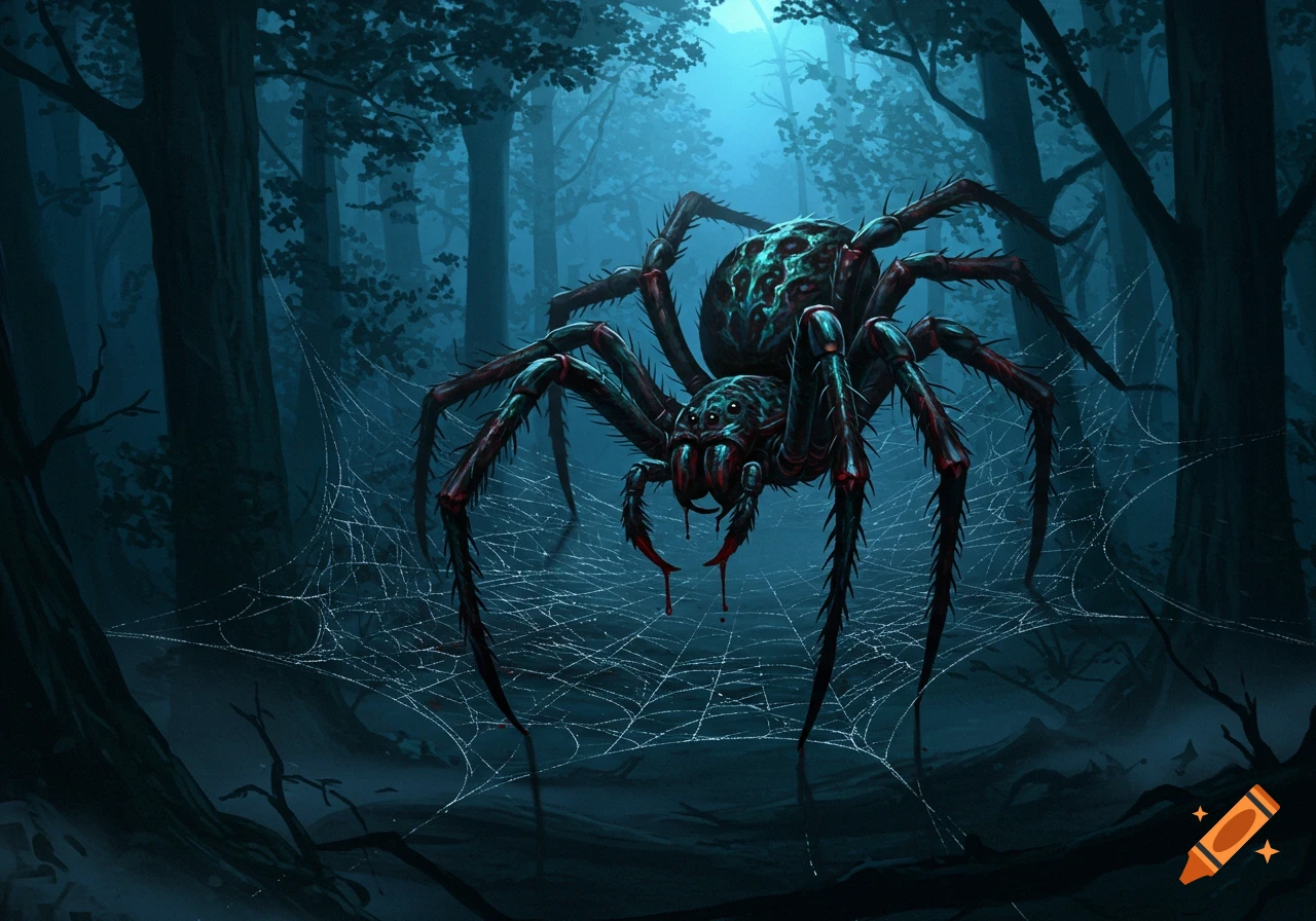 A large, menacing spider with red fangs and a mottled body hangs in a detailed white web in a dark, misty forest at night, with blue light filtering through the trees, in an illustrative style.
