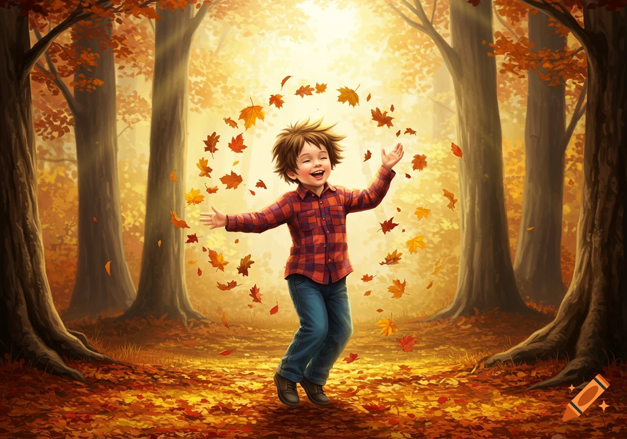 A happy young boy in a plaid shirt and jeans joyfully dances amidst a shower of colorful autumn leaves in a sunlit forest.