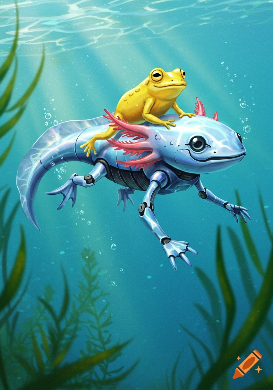 A yellow frog rides on the back of a blue robotic axolotl underwater, with green plants visible.
