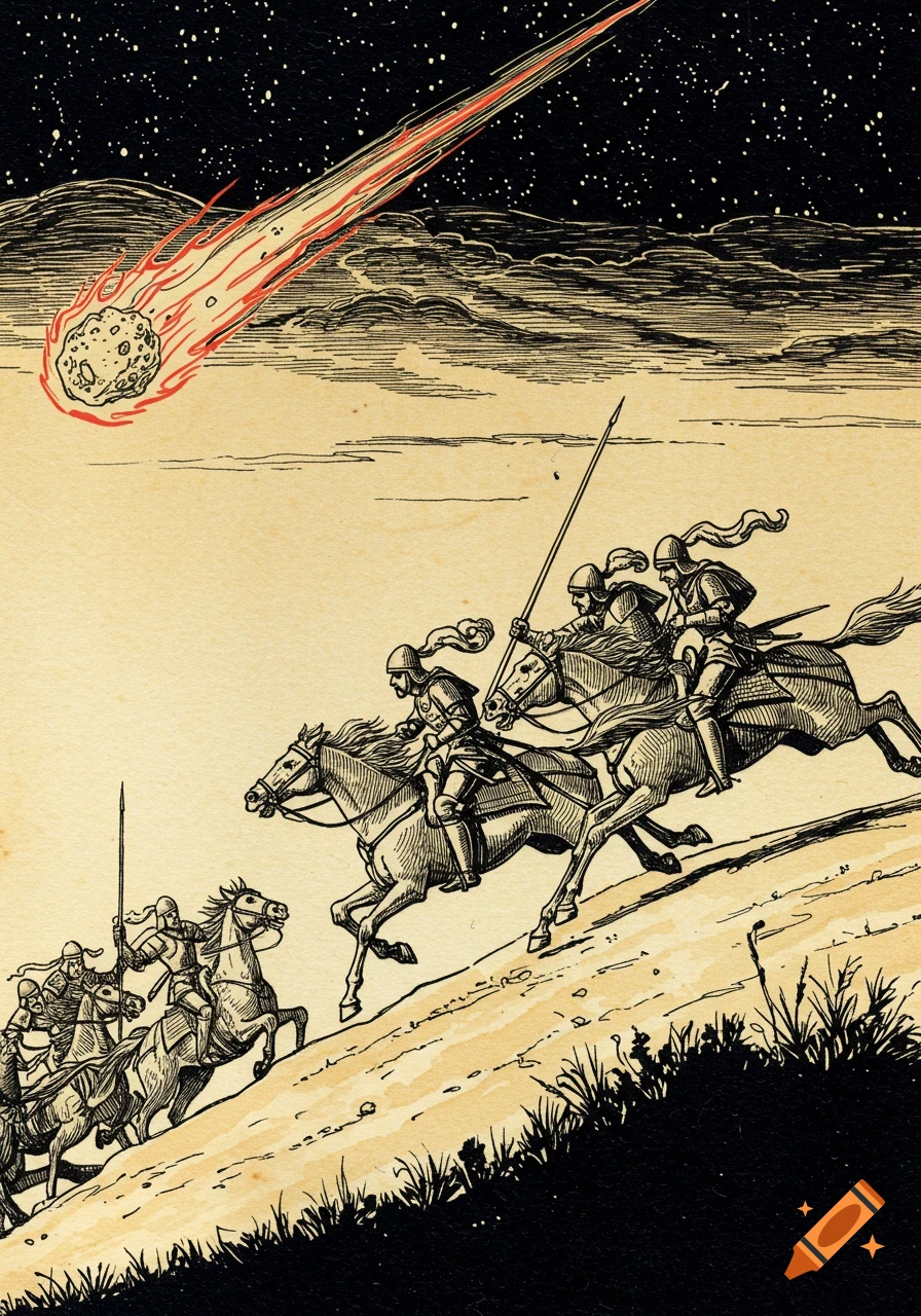 Black ink on parchment illustration of cavalrymen on horseback charging down a hill as a meteor streaks across the starry sky.