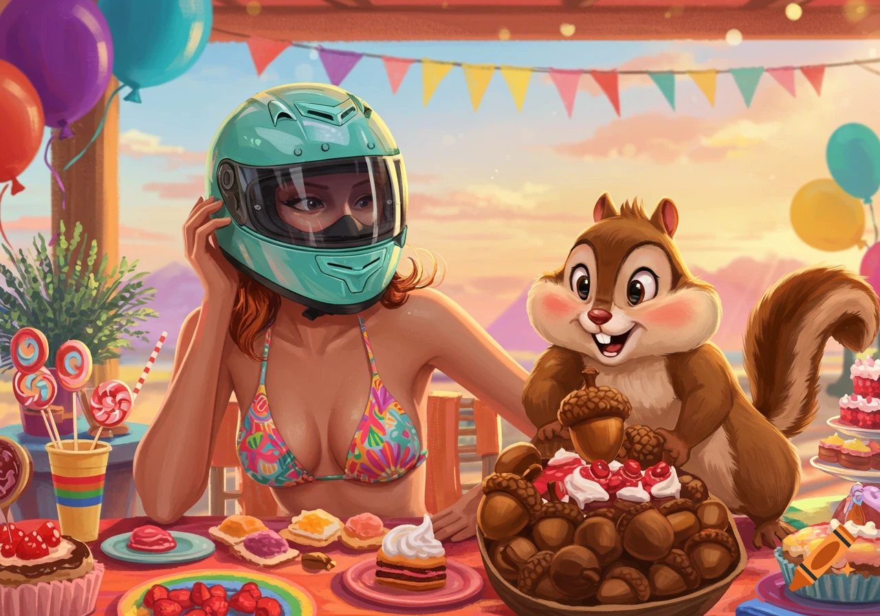 A cartoon drawing of a woman in a bikini and motorcycle helmet sitting at a party table with a happy chipmunk surrounded by desserts.