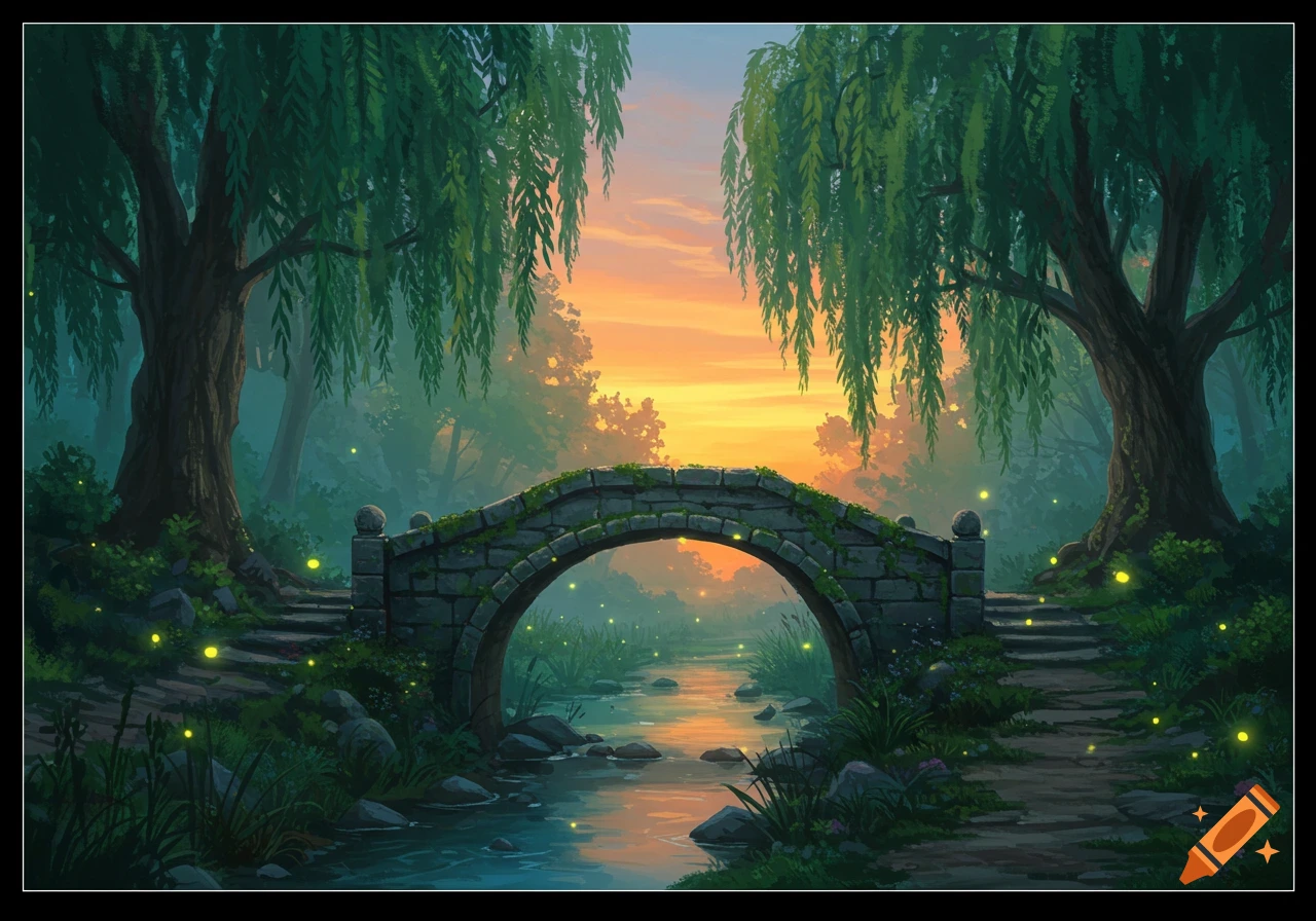 A whimsical fantasy landscape with a stone bridge over a glowing stream, flanked by willow trees under a vibrant sunset sky with fireflies.
