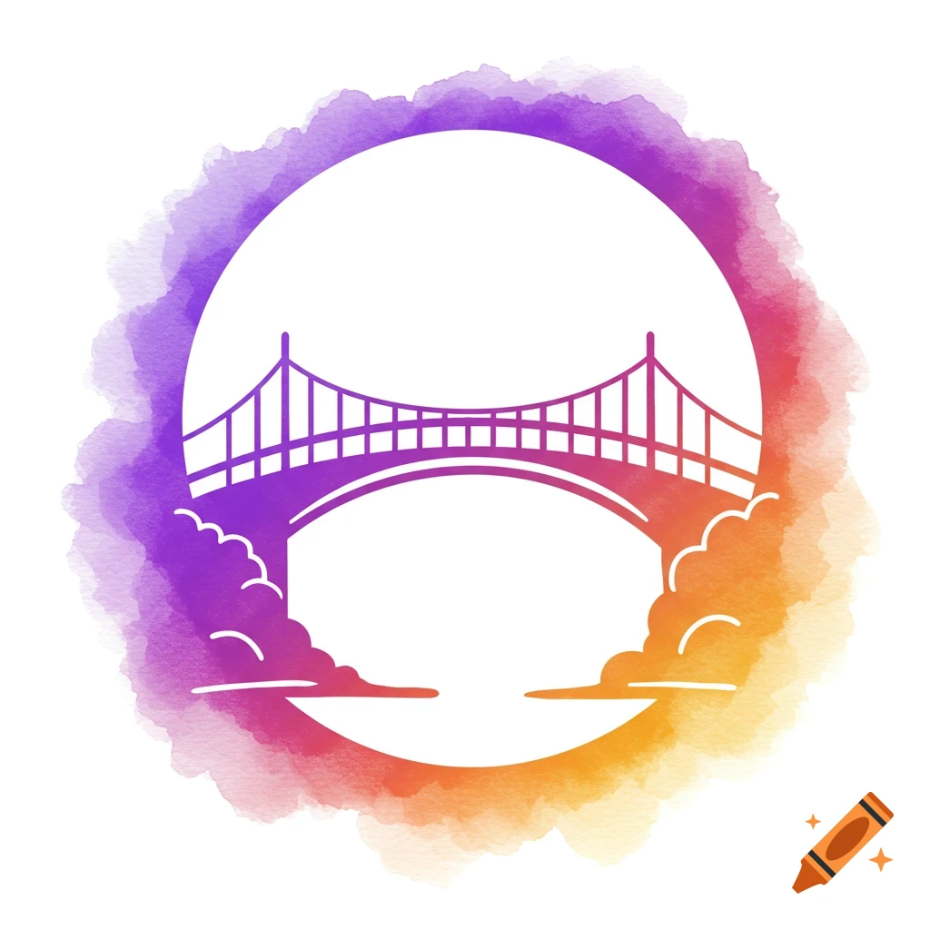 A minimalist bridge icon in a watercolor style with vibrant purple and orange hues on a white background.